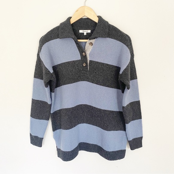 Madewell Rugby Stripe Polo Sweater Blue Grey Wool Alpaca Size XS - Picture 8 of 11